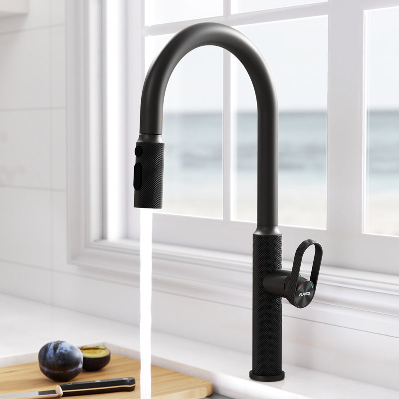 Robinet de cuisine MASO avec pulvérisateur rétractable, 3 modes de pulvérisation, robinet d'évier à poignée simple pour cuisine, véhicule récréatif, buanderie et bar, acier inoxydable 304, noir mat