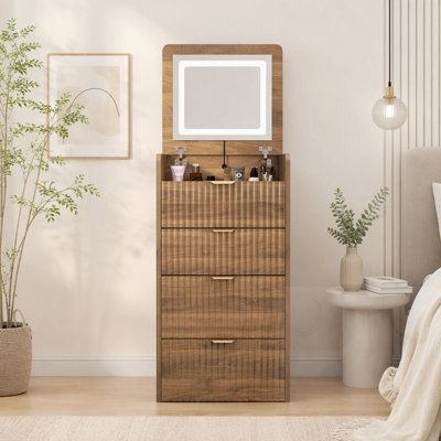 Coiffeuse de maquillage avec 3 tiroirs et tabouret à roulettes et miroir rabattable et lumières