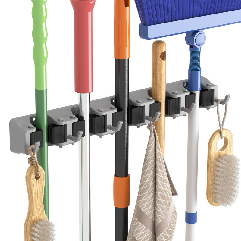 Broom Mop Holder Wall Mounted,heavy Duty Broom Storage With 5 Slot 6 Hooks, Utility Room Storage Solutions For Broom Cupboard Kitchen Bathroom Garage And Garden Tool Organiser, 1 Pack, Black