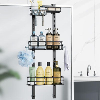 Adjustable Over The Door Shower Caddy - 3-Tier Rustproof Bathroom Organizer With Removable Shelves, Soap Holder & 4 Hooks, Secure Suction Cup Mounting For Shampoo And Toiletries