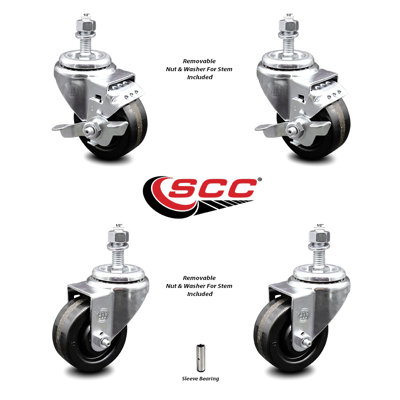 3.5 Inch SS Phenolic Wheel Swivel ½ Inch Threaded Stem Caster Set 2 Brakes SCC