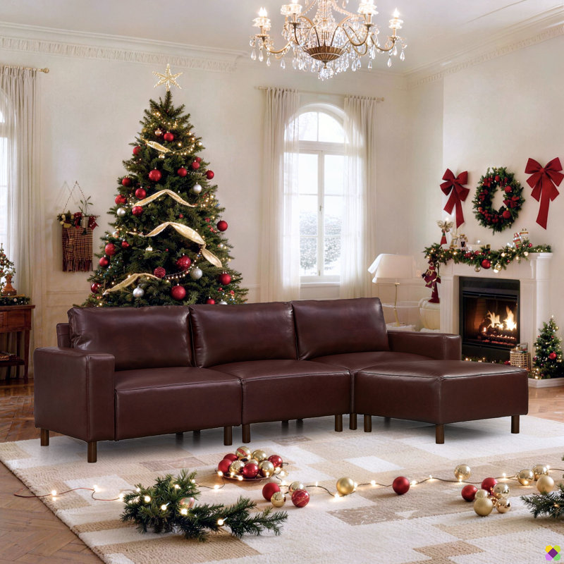 Praylow 112"W Faux PU Leather Modular Sectional, Burgundy Faux Leather