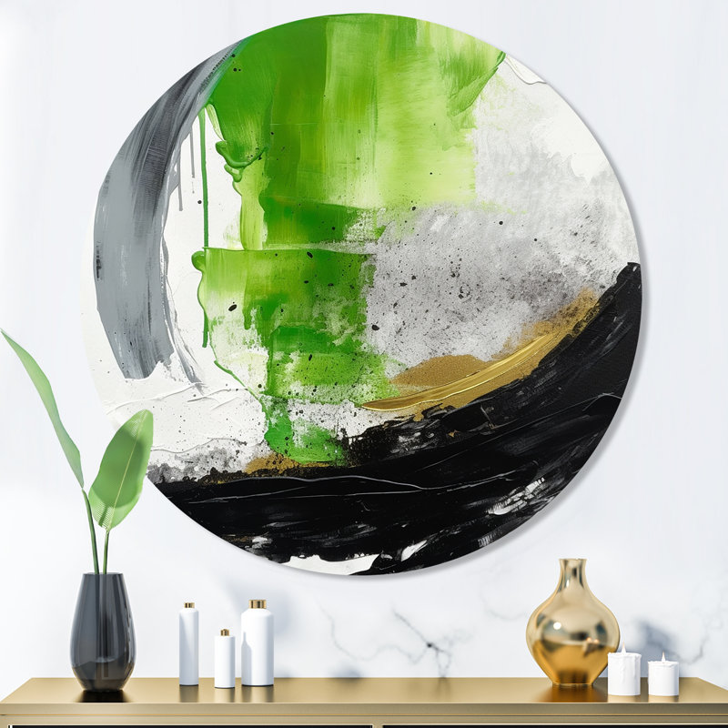 «Green and Black Geometric Enchantment I», art mural rond en marbre abstrait, H 36 po x l 36 po x P 1 po