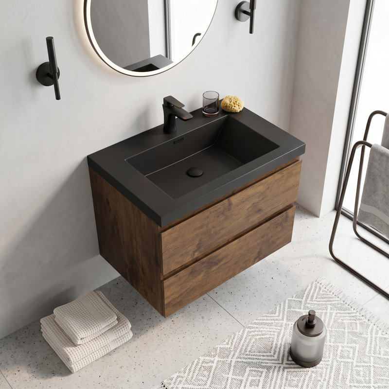 Meuble-lavabo suspendu flottant en mélamine de bois de 30 po avec lavabo intégré en résine et sable de quartz, quincaillerie de qualité supérieure à fermeture en douceur, aménagement de rangement intelligent et spacieux (entièrement assemblé)