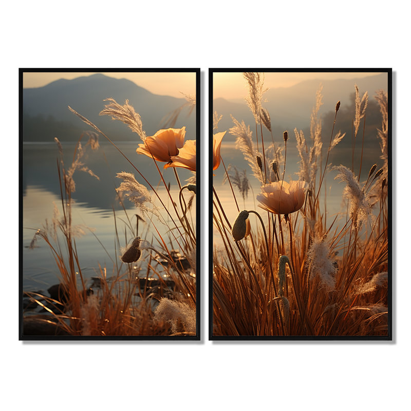 «Sunset Wildflower Serenade», art mural sur toile traditionnel, H 36 po x l 48 po, Impression encadrée flottante