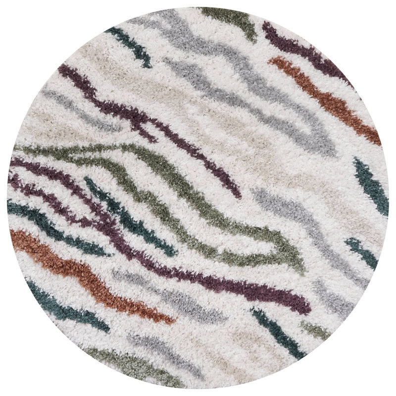 Moodi Modern Shaggy Area Rug Abstract Brushstroke Line Design, Off-White/Multicolour, Round 120 cm