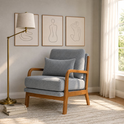 Méridienne Mid-Century moderne en tissu gris clair avec des accents de bois massif