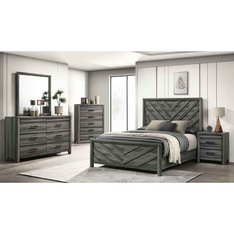 Lit double en bois gris moderne avec tête de lit et rails, parfait pour la détente dans la chambre à coucher, cadre idéal pour une détente de 79 po x l 56 po x H 58 po, H 58 po, design de qualité