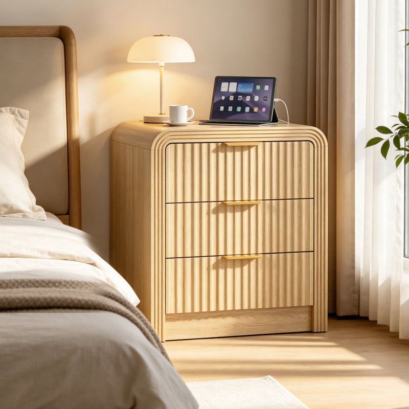 Table de chevet 3 tiroirs avec station de charge, ports USB-C et AC, table de chevet moderne en chêne naturel incurvé cannelé, largeur 19,6 po