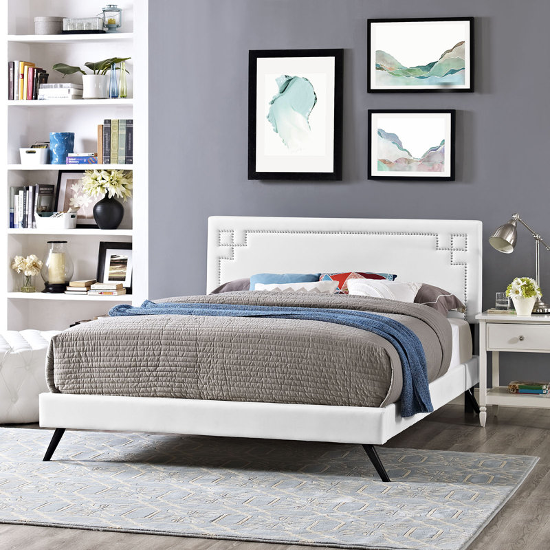 Lit plateforme en vinyle avec pieds évasés Josie par Modway, Blanc, Grand