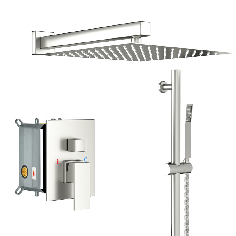 Système de douche mural carré de 10 pouces avec - valve équilibrée, barre coulissante réglable, douche à effet pluie et à main, buse facile à nettoyer, finition en nickel brossé, tête, installation à double fonction