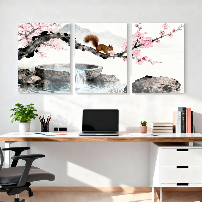 Tableau sur toile tendue représentant un écureuil en fleurs de cerisier et une cascade, style traditionnel de l'Asie de l'Est (lot de 3)