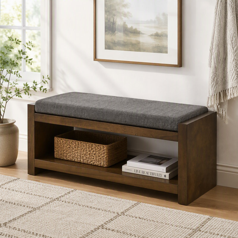 Banc d'appoint avec tablette inférieure et coussin amovible, Granite