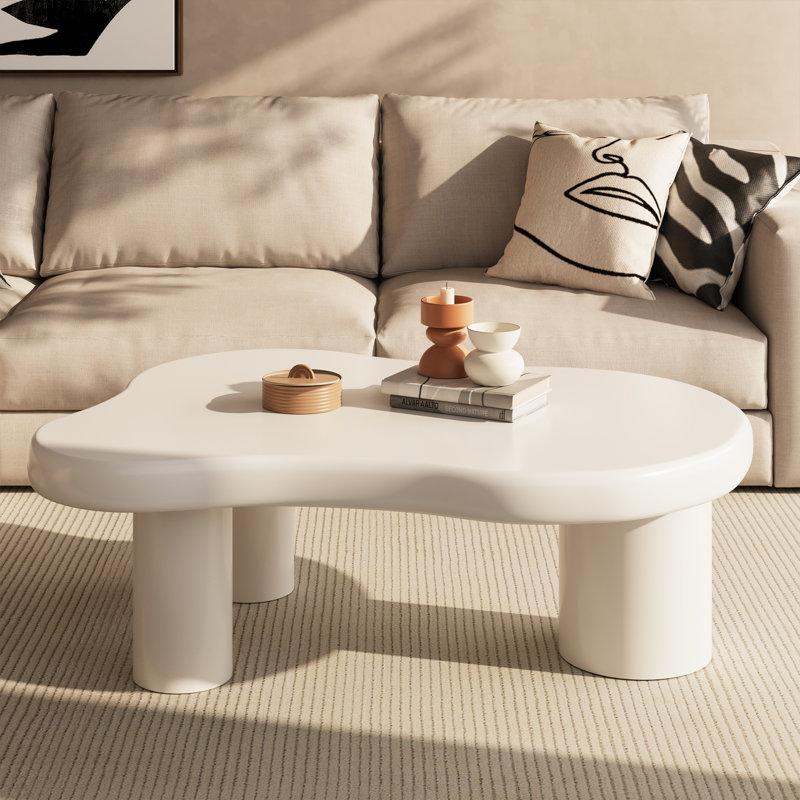 49" White Modern Free-Form Cloud-Shaped Wooden Coffee Table for Living Room with 3 Legs, Soft-Matte, Subtle-Sheen Tabletop