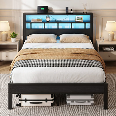 Bed Frame Industrial Platform Bed With Charging Station & LED Lights