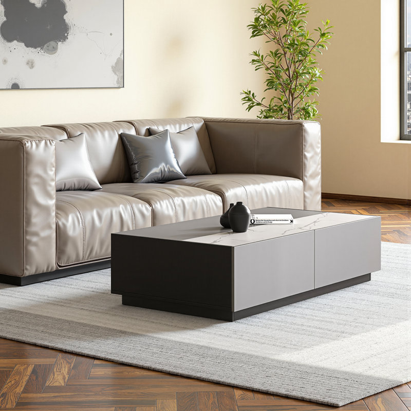 Table basse à plateau relevable 51 po avec plateau en pierre frittée et tiroirs de rangement à compartiments cachés