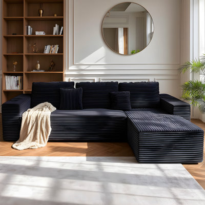 Boneless 110" W Black Corduroy Upholstered Modular Sectional Sofa with 5 Pillows, 2-Piece Convertible Sleeper, No Assembly Required