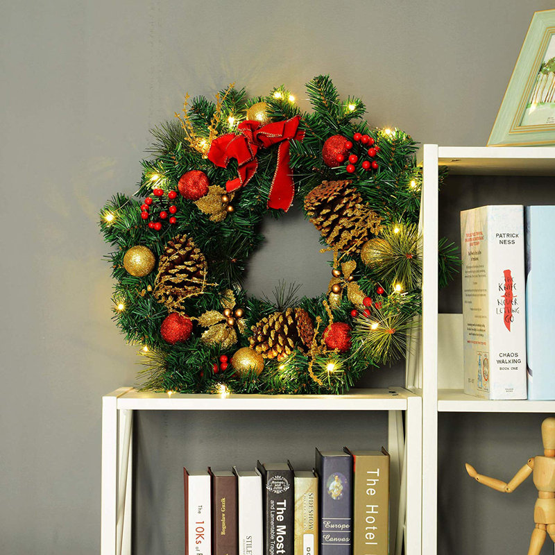 Faux Pre-Lit Artificial Christmas Door Wreath Holly Garland Decor 20 LED