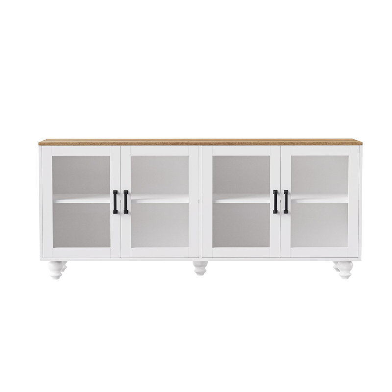 Farmhouse TV Stand With Tempered Glass Doors For Tvs Up To 70", Versatile Sideboard With Adjustable Shelves, Elegant Buffet Cabinet With 5 Solid Wood Gourd-Shaped Legs For Living Room, White