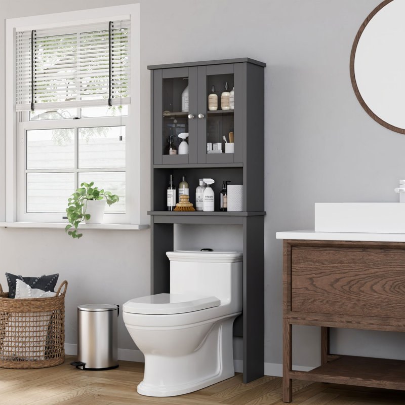 Over The Toilet Storage Cabinet For Bathroom, Storage Organizer Over Toilet, Space Saver With Tempered Glass Doors,, Gray