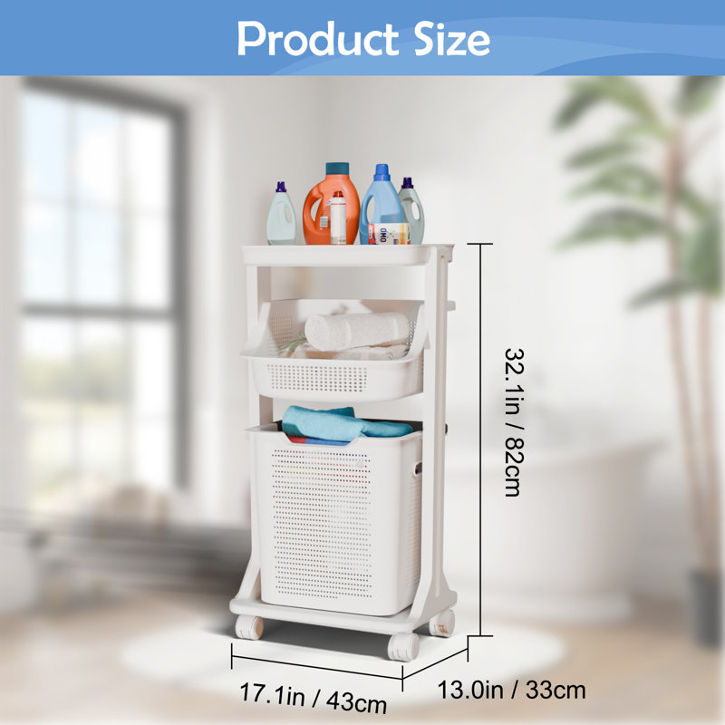 White 2-Tier Rolling Laundry Basket with Removable Baskets and Wheels