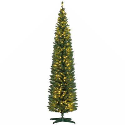8' Tall Pre-Lit Slim Noble Fir Artificial Christmas Tree With 300 Warm White LED Lights And 618 Tips, For Christmas Decoration, Green