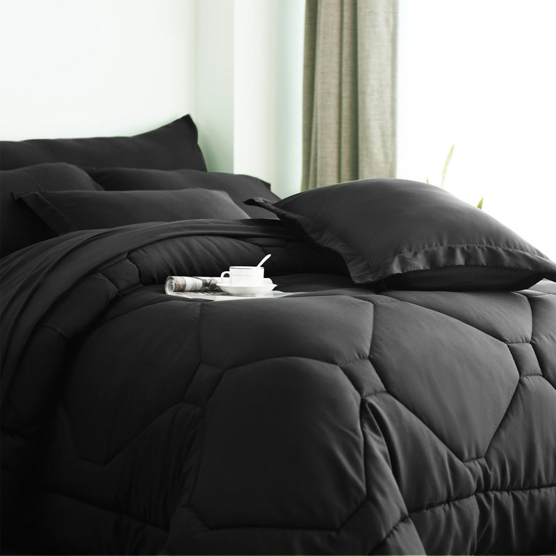 8 PCS Modern Comforter Set with Sheets All Season Bed in a Bag, King Comforter + 7 Additional Pieces, Black