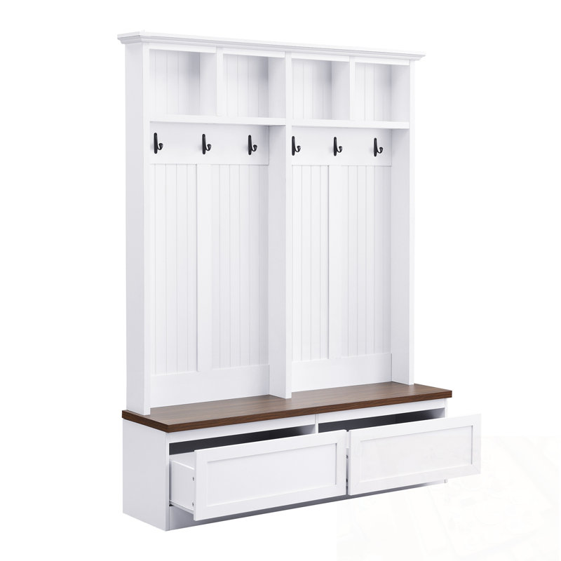 Hall Tree With Wood Grain Bench And 2 Large Drawers, White