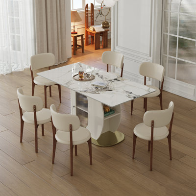  Ensemble de table de salle à manger de 63 pouces avec 6 chaises, bureau de cuisine en pierre frittée avec armoire de rangement, blanc et or