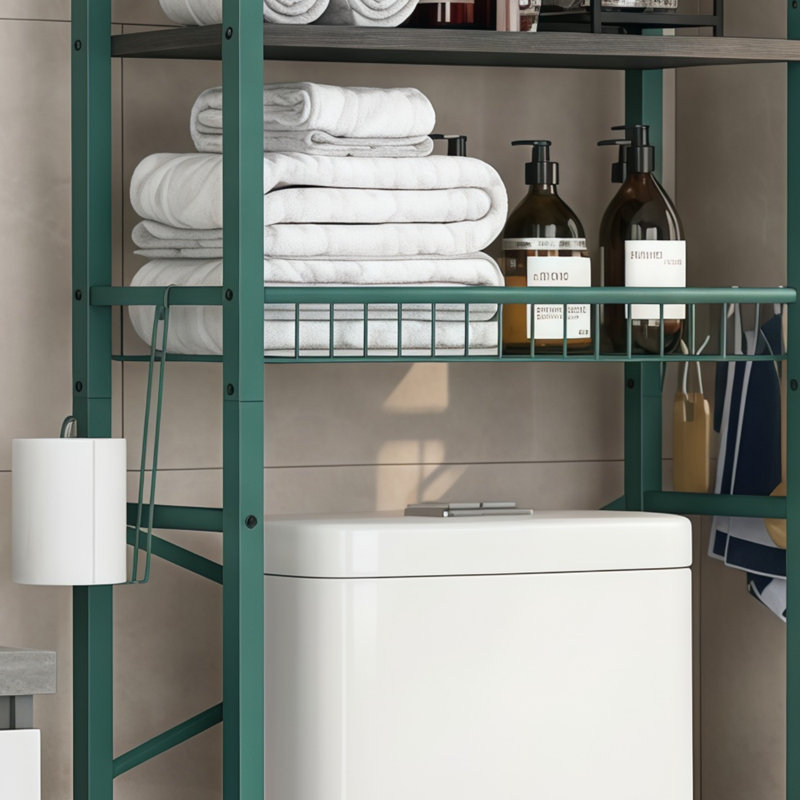 This Green And Black 4-Tier Toilet Overhead Storage Rack Features Adjustable Shelves And Baskets. Its Independent Design Saves Space And Is Perfect For Storing Items Above The Toilet In The Bathroom.