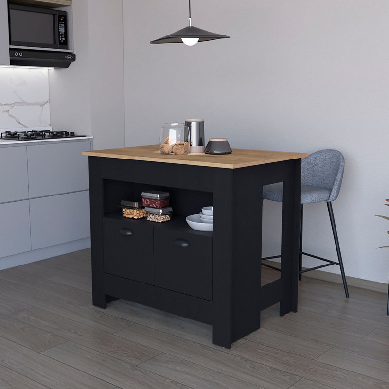 Îlot de cuisine noir avec options de rangement suffisantes - 3 tablettes élégantes, 2 portes, suffisamment d'espace pour la batterie de cuisine et les outils