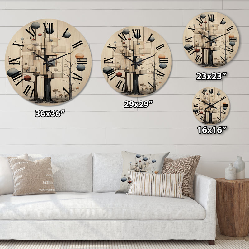 Illustration géométrique de l'arbre de la sagesse - horloge murale moderne surdimensionnée en bois, Moyenne