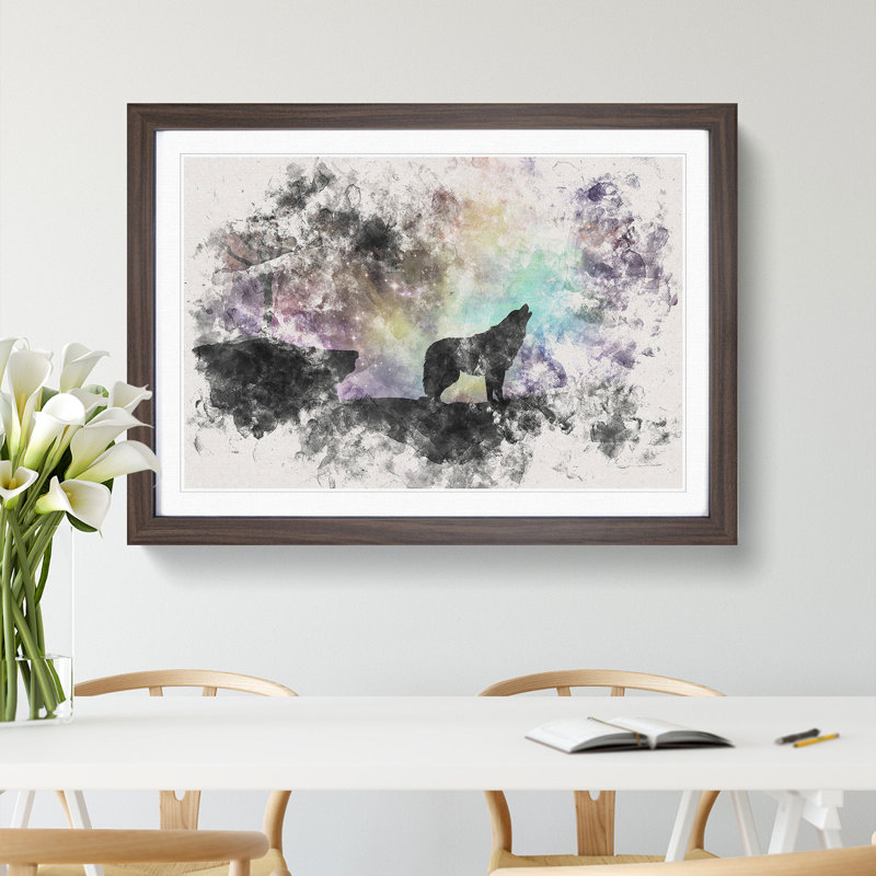 Howling Wolf with a Galaxy Forest - Picture Frame Painting Print, 36cm H x 48cm W x 2cm D, Walnut Framed