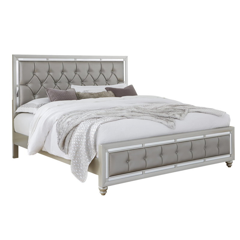 Lit de taille argent Gemstone - bois massif et, garniture de miroir, support à 3 lattes + pieds, cadre de lit intérieur de l 76 po x l 56 po, traverse latérale de 14 po de hauteur, garniture de support pleine grandeur de ton argent gris, garniture de 7,5 po de hauteur