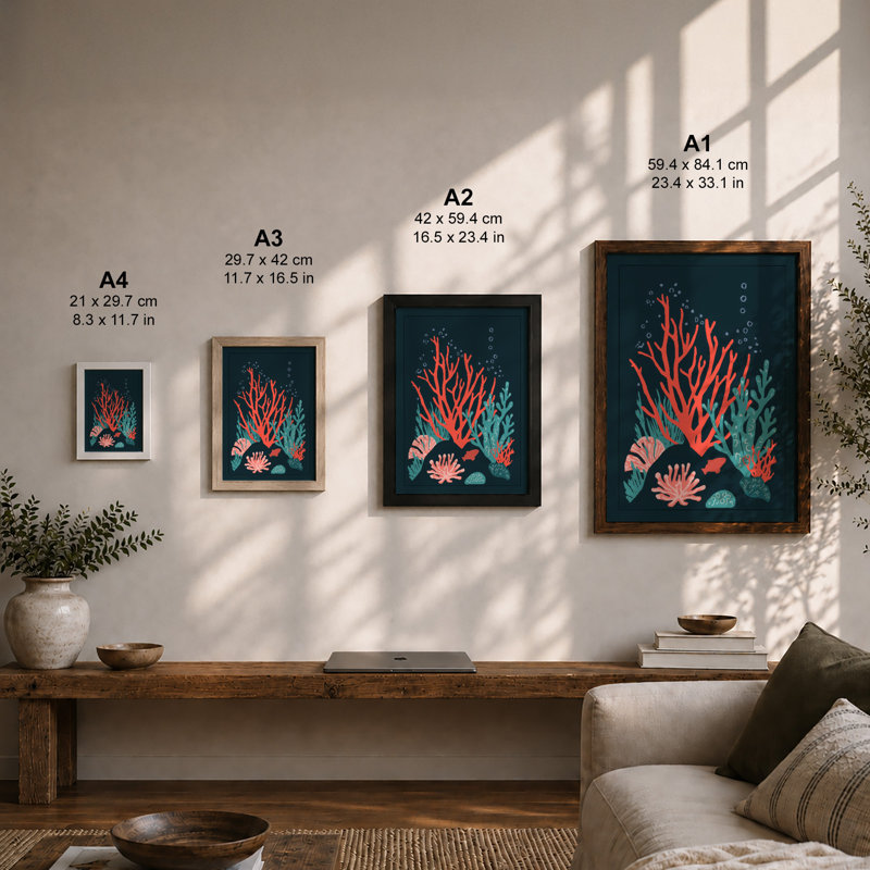 Coral Reef Dreams Coastal - Framed Print, A4 - 29.7 x 21.0 cm, Walnut