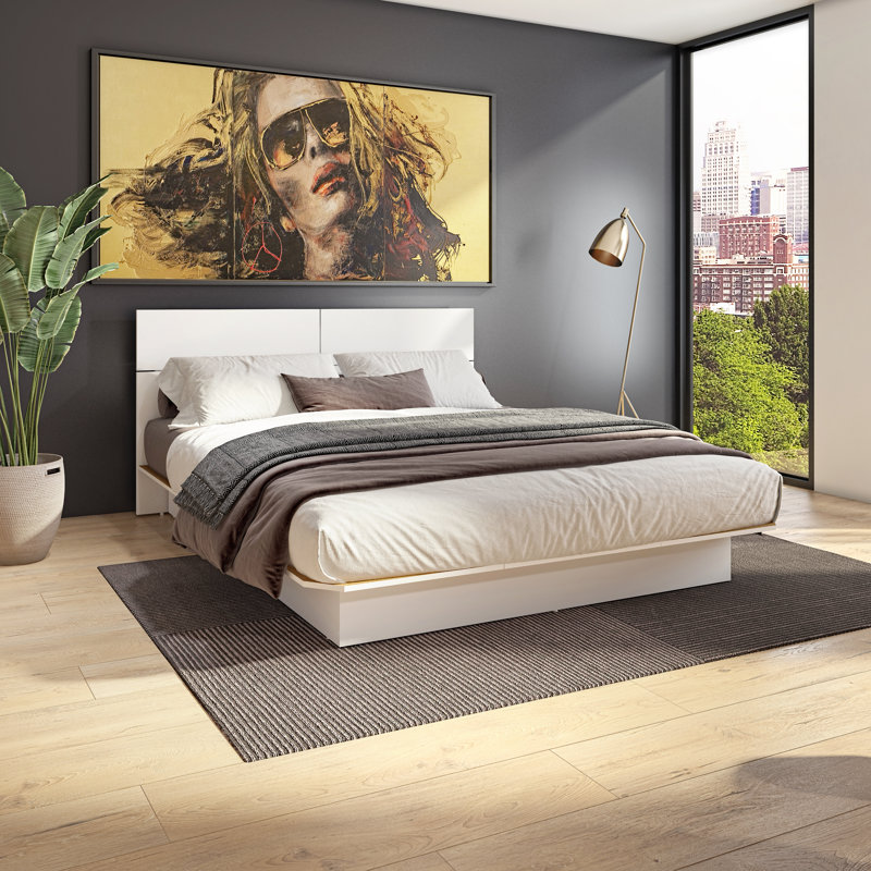 ZEN ALPHA – Platform Bed with Headboard – Easy Assembly, No Box Spring Required, Queen, White