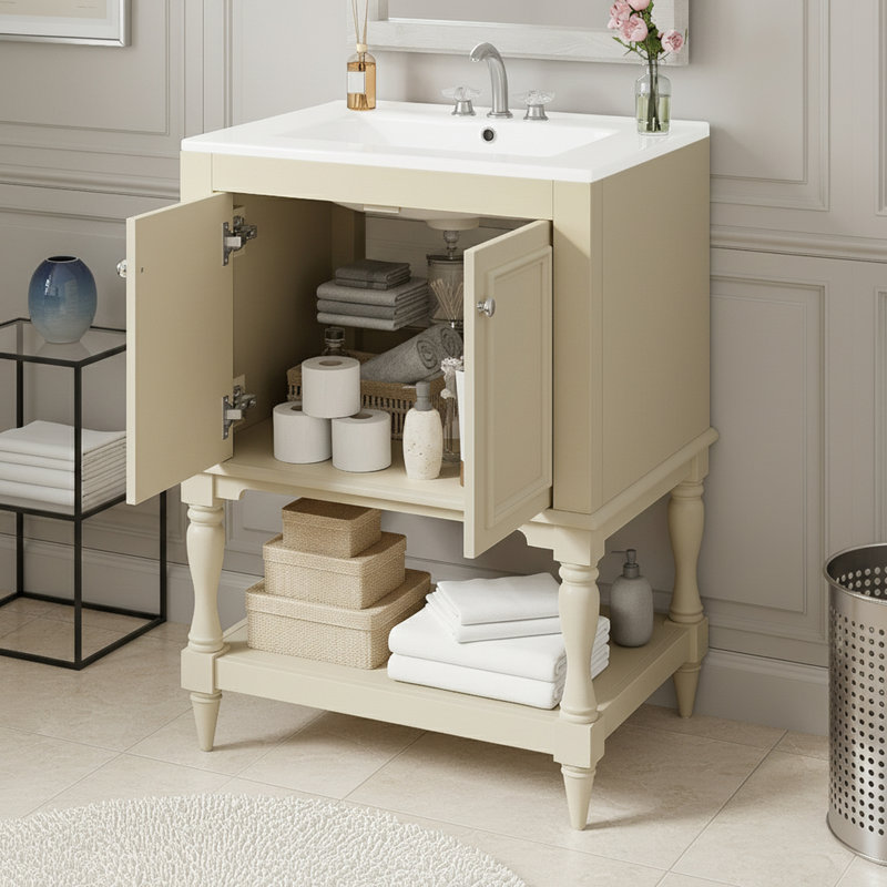 Bathroom Vanity With Ceramic Sink And Open&Closed Storage, Beige