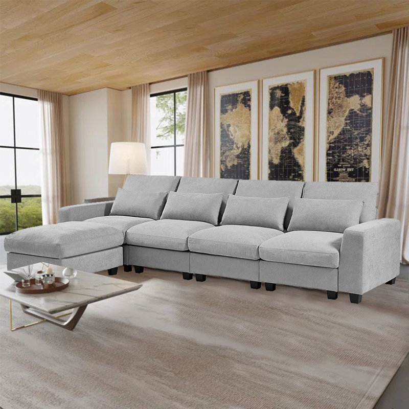 Canapé modulaire réversible de 129 po en lin et chaise longue avec repose-pieds, 100 % lin gris clair