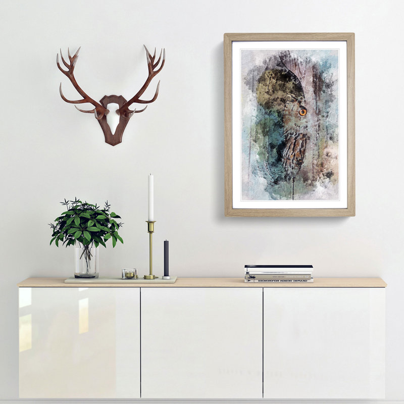Peeping Great Horned Owl in Abstract - Picture Frame Painting Print, 65cm H x 48cm W x 2cm D, Oak Framed