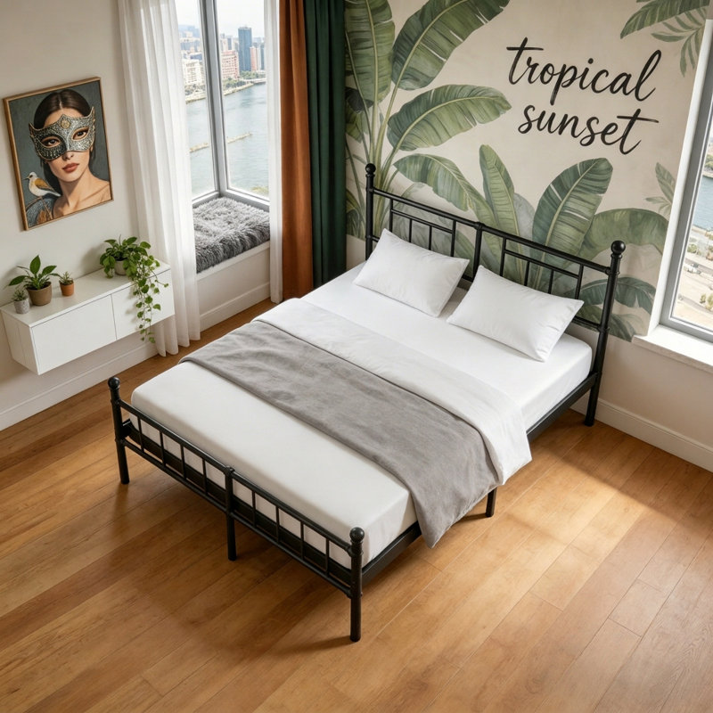 Base de lit 14 po, cadre de lit plateforme en métal avec tête de lit et connexion à rotule à sphère, support de lattes en acier robuste, aucun sommier requis, noir