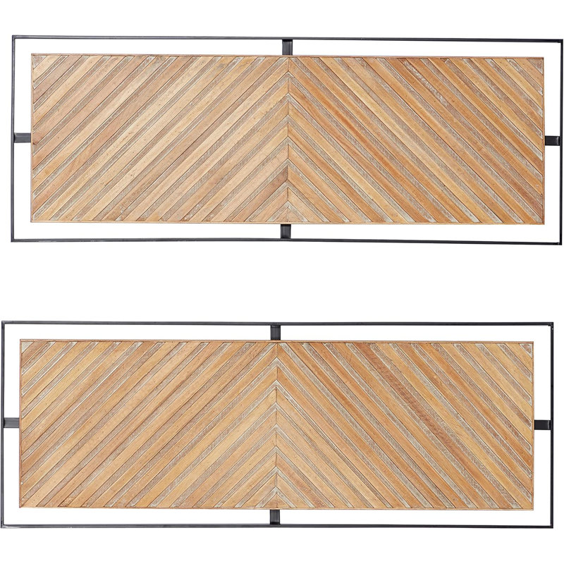 Wooden Geometric Home Wall Decor Linear Carved Wall Sculpture With Black Frame, Set Of 2 Wall Art 32"W, 12"H, Brown