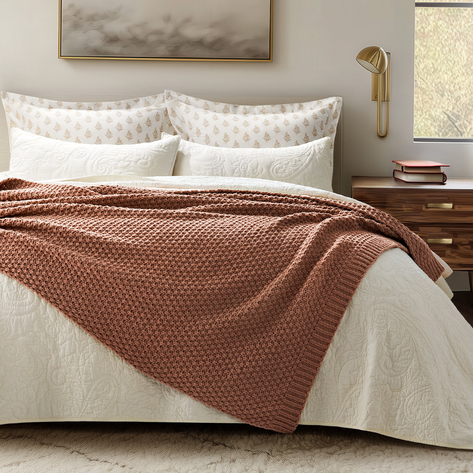 Chunky Chenille Knit Throw Blanket, 80" L x 60" W, Terracotta Clay