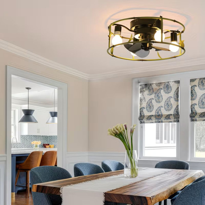 19" Industrial Ceiling Fan With Light - Flush Mount Caged Ceiling Fan With Remote, 3-Light Rustic Ceiling Fan, Silent 6-Speed Reversible DC Motor For Bedroom, Living Room
