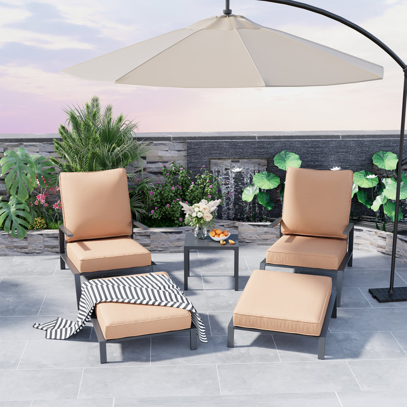 5 Piece Outdoor Patio Sofa Seating Group with Cushions and Ottomans, Beige
