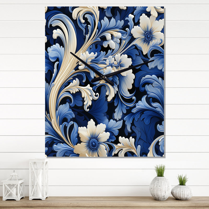 Horloge murale florale victorienne bleue et blanche, Grand
