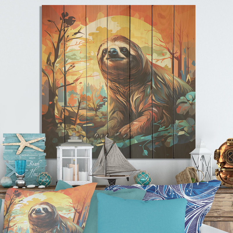 The Serenity Of Sloth At Sunset I - Paresseux sur bois, H 15 po x l 15 po