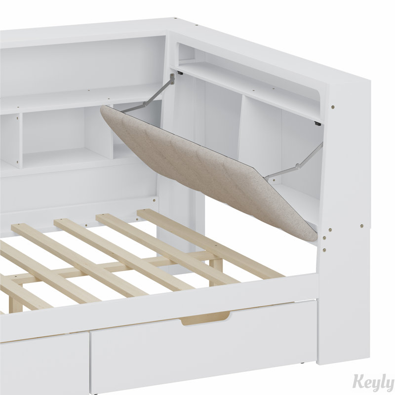 L-shaped Wooden Daybed with Desk and Storage Bookcase, Full, White