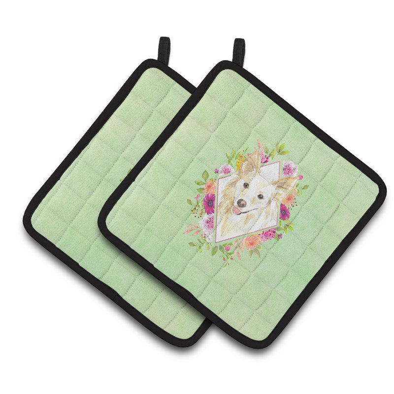 Ensemble de cuisinier poignée 2 pièces caroline trésors sheltie, Vert, Collie blanc