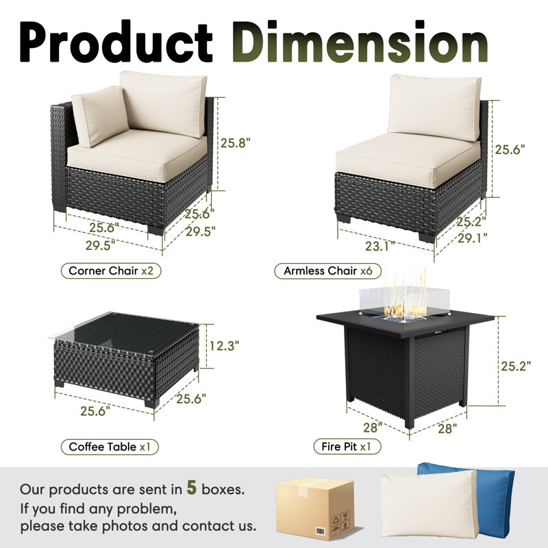 Ensemble de conversation modulaire en rotin avec ensemble de conversation pour 8 personnes, Beige