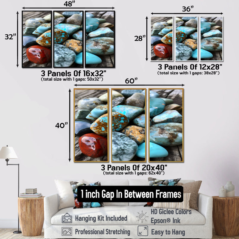 Composition de roches turquoise et turquoise, Cadre flottant doré, H 28 po x l 36 po x P 1 po